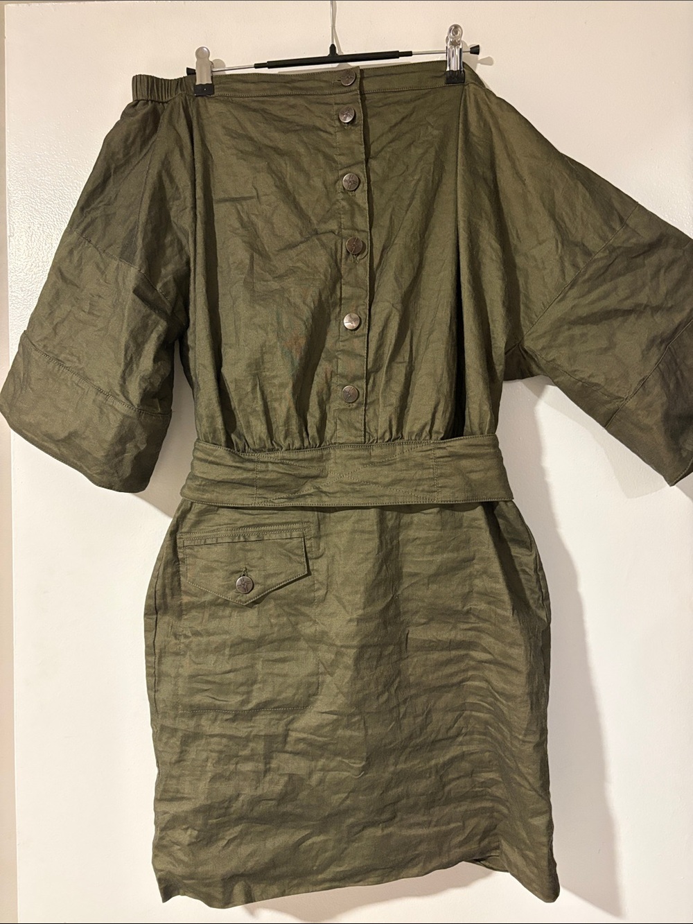 Nicole Miller Olive Green Midi Dress with Button Front and Waist Tie